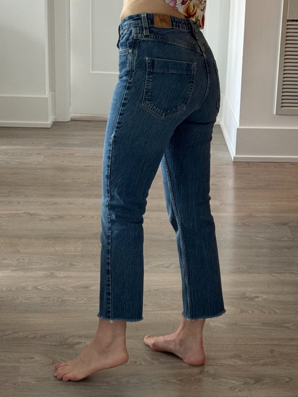 Zara Medium Wash Denim Flare Crop Jeans - Raw Hem - Size 2
